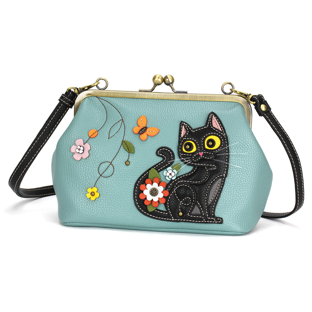 Kisslock Crossbody Purse - Black Cat - blue