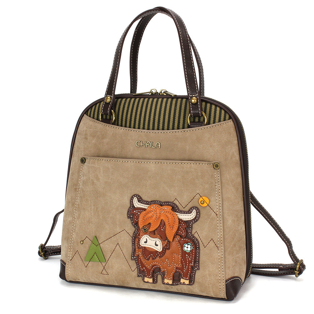 Convertible Backpack Purse - Highland Cow - taupe
