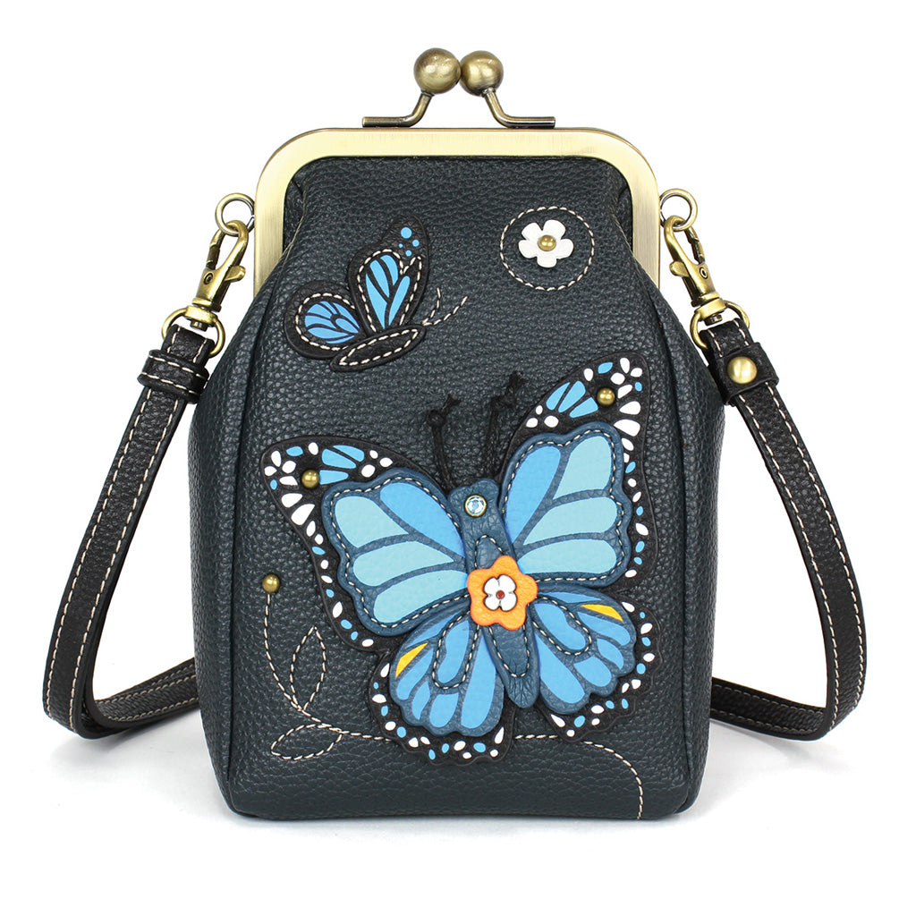 Kisslock Cellphone Crossbody - Blue Butterfly - na