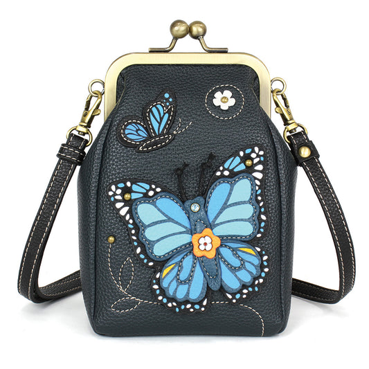 Kisslock Cellphone Crossbody - Blue Butterfly - na