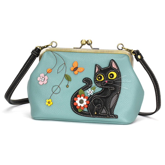 Kisslock Crossbody Purse - Black Cat - blue